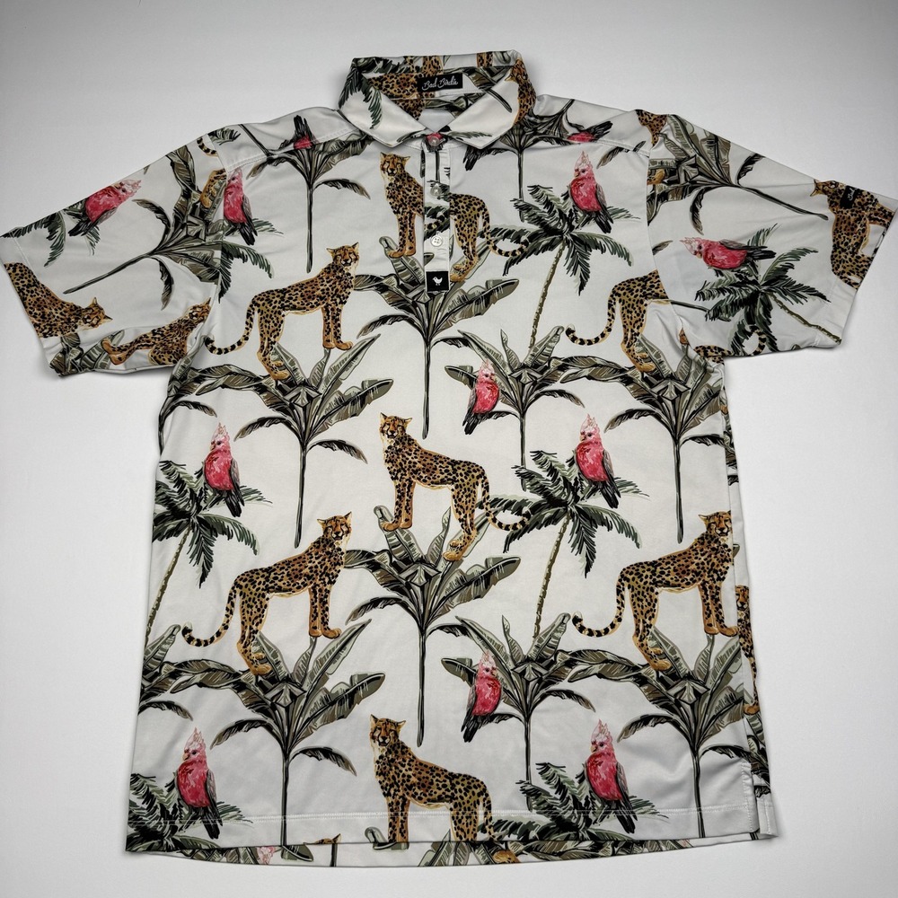 Bad Birdie Polo Shirt Mens XL Multicolor Cheetah Bird Golf Performance Stretch